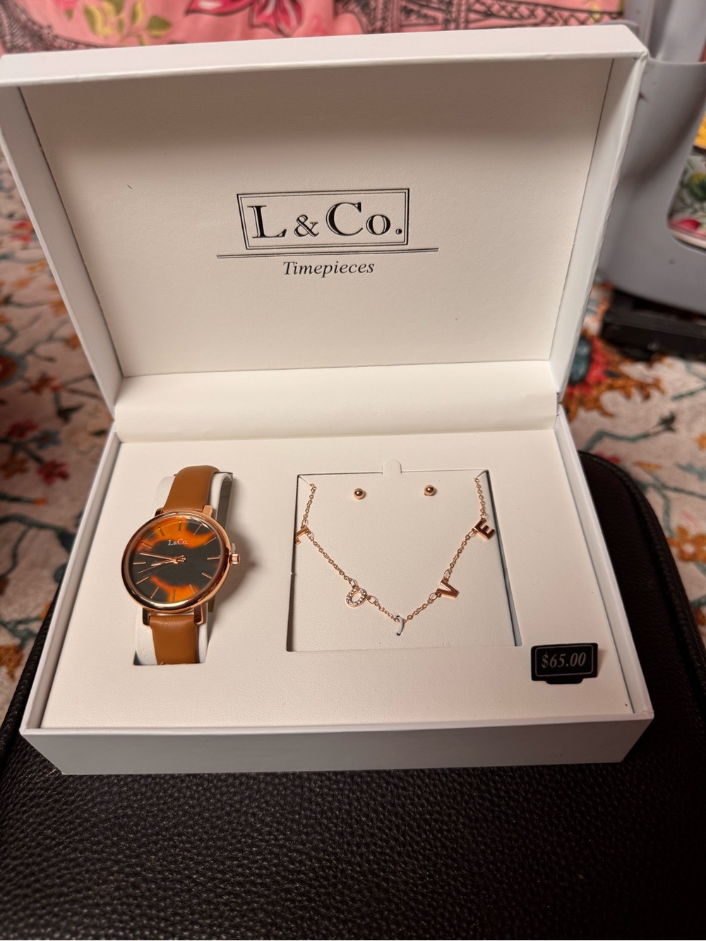 L & Co. Timepiece Gift Set - Tan Watch with Rose Gold Jewelry